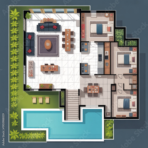 View of a colorful luxury villa with pool and garden furniture