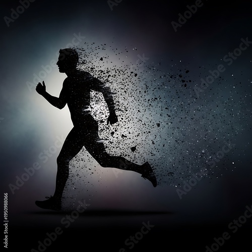 Silhouette of a male runner disintegrating into particles against a dark background