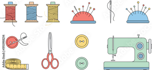 Sewing and Tailoring Equipment Vector Illustration Set Featuring Thread Spools, Needles, Pin Cushion, Buttons, Measuring Tape, Scissors and Sewing Machine Tools