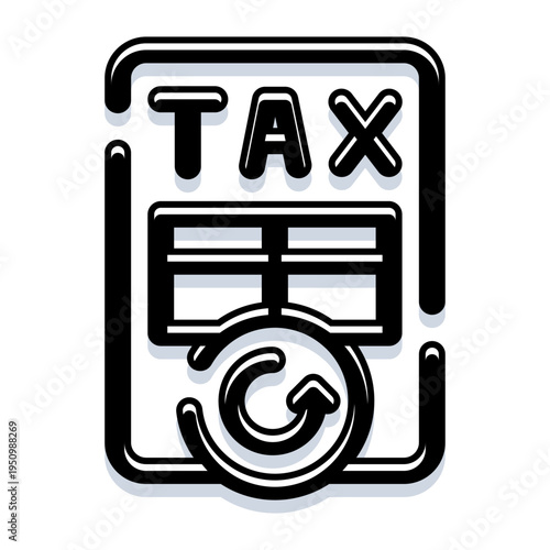 Financial document featuring a large tax label and a circular arrow indicating a return or refund process, ideal for illustrating accounting and economy concepts