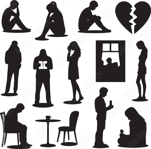 black silhouettes of people showing various emotions and actions on white background