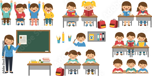Cute School Children Studying in Classroom with Teacher Raising Hands Reading Books and Learning Activities Vector Illustration Set