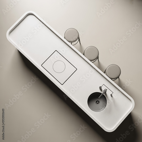White rectangular kitchen island with four silver knobs and a circular cutout