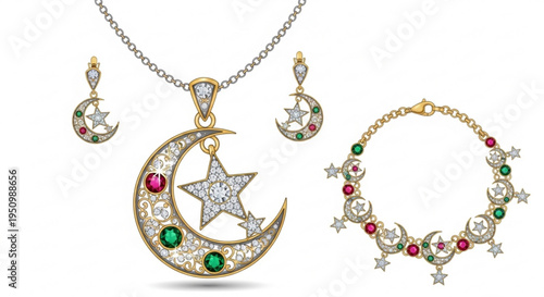 Luxury celestial jewelry set with crescent moon star and gemstones on white background