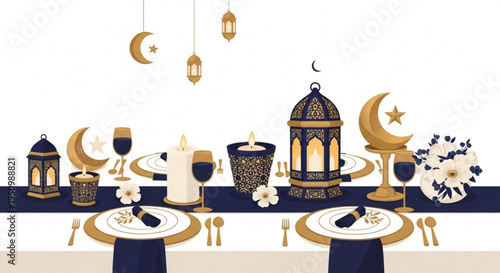 Elegant ramadan kareem iftar dinner table setting with lanterns and moon decorations