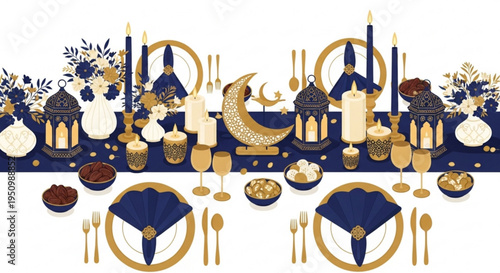 Elegant ramadan table setting with gold accents and blue decorative elements on white background