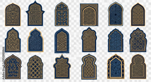 Islamic arch window designs ornate patterns gold and blue elements arabic architecture details