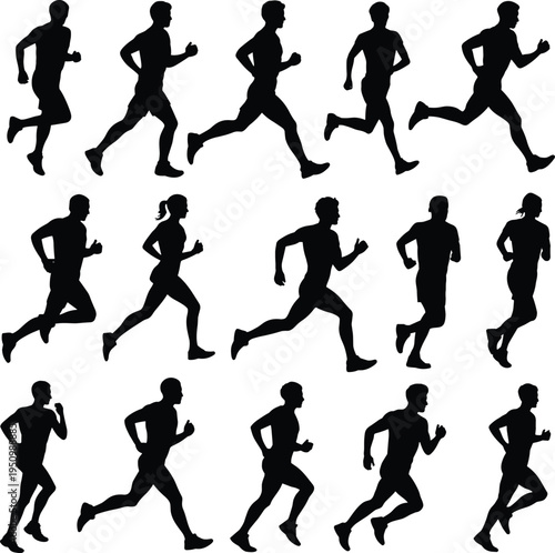 Running Silhouette Icons Set Featuring Male and Female Figures in Dynamic Motion for Sports, Fitness, and Biomechanics Design