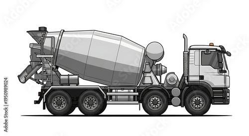 A side view illustration of a heavy duty industrial concrete mixer truck on a plain white background