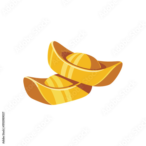 Traditional Chinese Gold Sycee Yuanbao Illustration - Symbol of Wealth and Prosperity for Lunar New Year and Asian Festivals Isolated on White Background