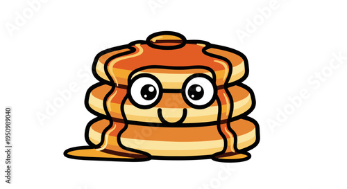 Cartoon Stack of Pancakes with Syrup and Smiling Face Depicted with Outline and Filled Colors for Breakfast or Food Related Concepts on White