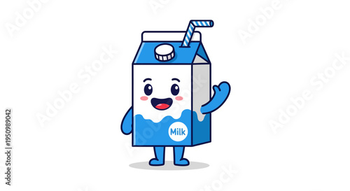 Cheerful animated carton character waving hello with a straw and smiling representing fresh dairy beverage isolated on white background with minimal