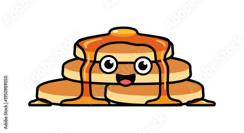 Cartoon Stack of Pancakes with Smiling Face Drizzled with Maple Syrup Ready for Breakfast Sweet Treat for a Restaurant or Diner