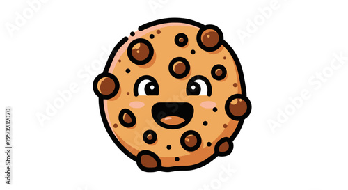 Cheerful dessert character with a smiling face and chocolate chips isolated on white showcasing a cute bakery treat for various design purposes