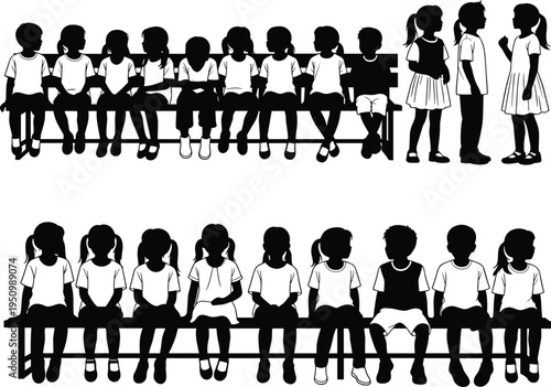 School Children Sitting on Bench Silhouette Set with Kids Talking, Standing and Waiting, Education and Classroom Lifestyle Concept