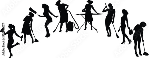 Set of housewife silhouettes performing household chores cleaning ironing sweeping vacuuming vector illustration collection for housekeeping service and domestic lifestyle