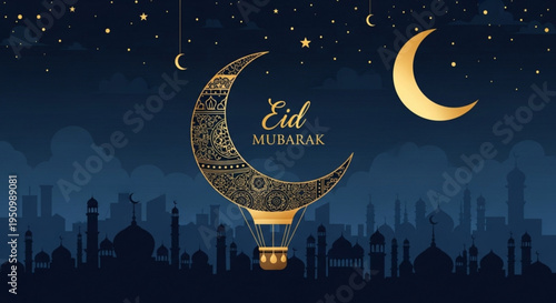 Eid mubarak greeting card with crescent moon hot air balloon over city skyline at night