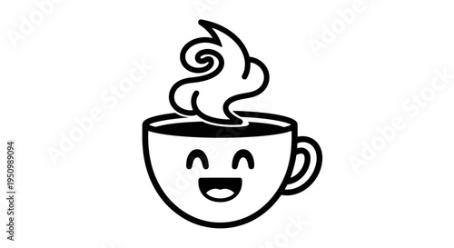 Cheerful coffee cup emblem with steam rising a simple outline design against a white backdrop perfect for cafe branding and menu use