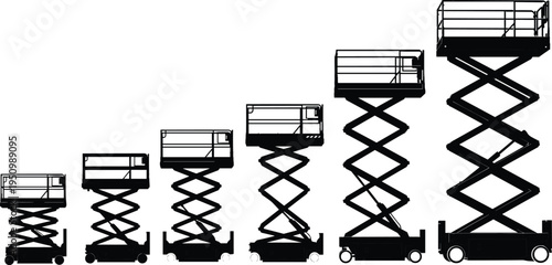 Scissor Lift Platform Height Levels Silhouette Set Showing Hydraulic Aerial Work Platforms for Construction, Maintenance and Industrial Equipment