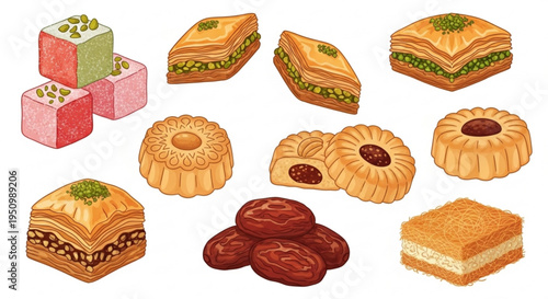 Assorted traditional middle eastern sweets and pastries with dates on a white background colorful desserts