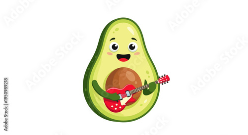 Cheerful anthropomorphic avocado character playing a bright red electric guitar on a white background fruit music entertainment