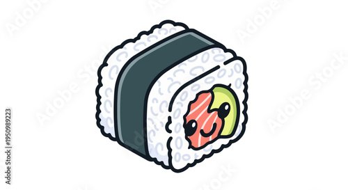 Cartoon sushi roll with salmon avocado and nori seaweed isolated on white background depicting a delicious Japanese food item with smiling face
