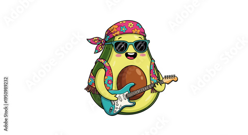 Cheerful anthropomorphic avocado character playing a guitar wearing sunglasses a floral shirt and a patterned bandana against a white backdrop