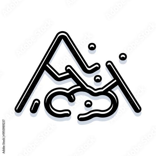 Stylized monochrome line art of a mountain peak with an avalanche of snow and rocks cascading down the slopes, minimalist vector illustration conveying danger and motion