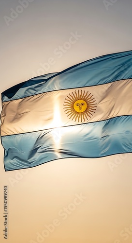 Argentine flag waving proudly in the golden sunlight.