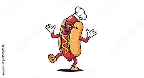 Cartoon character of a happy hot dog wearing sunglasses and a chef hat dancing with mustard and bun isolated on white background