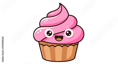 Cheerful dessert confection in a paper cup with pink frosting Smiling baked pastry character with happy eyes Sweet treat design for bakery shop