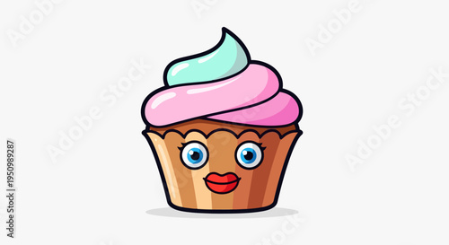 Cartoon cupcake with face and colorful frosting on plain white backdrop perfect for design and pastry treats concepts Isolated image for diverse uses