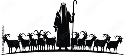 Shepherd with Goat Herd Silhouette Standing with Staff, Traditional Pastoral Farming Scene Representing Livestock Herding and Rural Agriculture