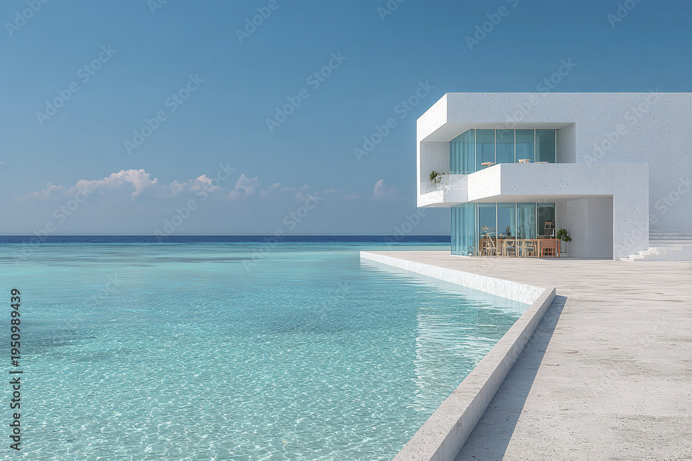 Fototapeta premium Minimal white seaside architecture with glass facade overlooking turquoise calm ocean under clear blue sky, creating peaceful and serene atmosphere by water