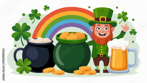 Smiling leprechaun with rainbow pot of gold beer and shamrocks on st patrick's day
