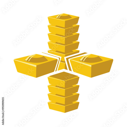 Abstract Symbol of Stacked Golden Gold Bars Forming a Cross or Plus Sign Representing Wealth, Banking, and Financial Prosperity