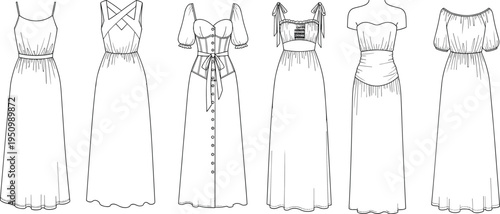 Women maxi dress collection vector fashion technical drawing set including strap, puff sleeve, corset, off shoulder long dresses template illustration