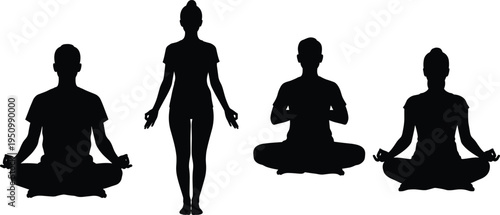 Yoga Meditation Silhouette Set with People Practicing Lotus Pose and Standing Relaxation for Mindfulness, Wellness and Healthy Lifestyle