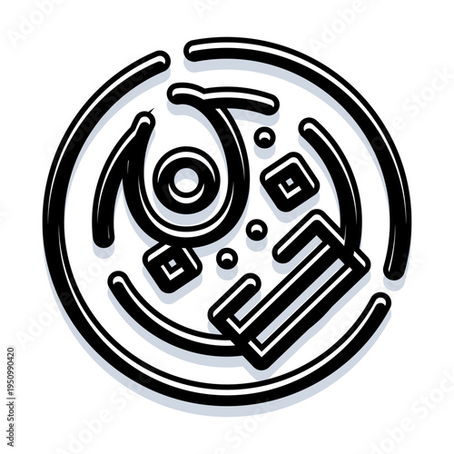 Abstract circular icon featuring a dynamic arrangement of geometric shapes, lines, and curves creating a modern symbol with strong graphic appeal in black and white