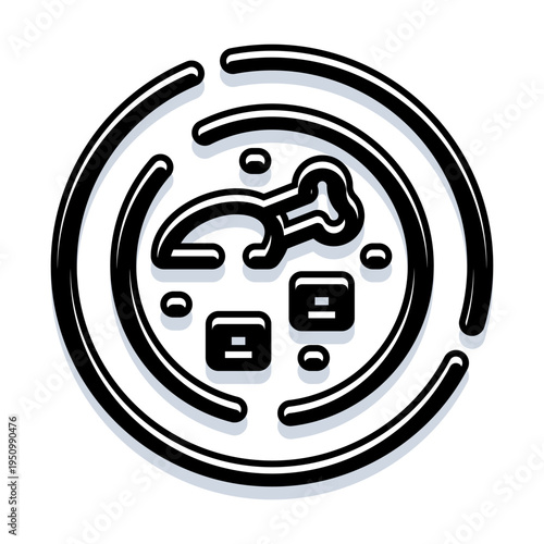 Dinner plate with a chunky meat bone, square shaped sides and small round garnishes in bold black line art, minimalist icon style food illustration for menu or app