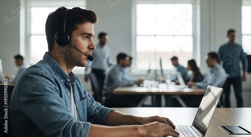 Young male customer service agent wearing a headset interacts with a computer in a busy office setting