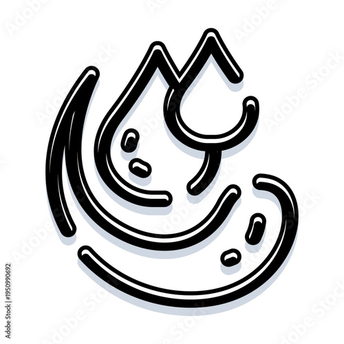Stylized black outline art depicting flowing liquid, drops and dynamic curves, symbolizing refreshment, purity, and a modern take on natural water movement