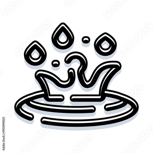 Water splash creating a crown shape with ripples and falling droplets, illustrating purification, refreshing impact, and fluid dynamics in a clean outline icon style