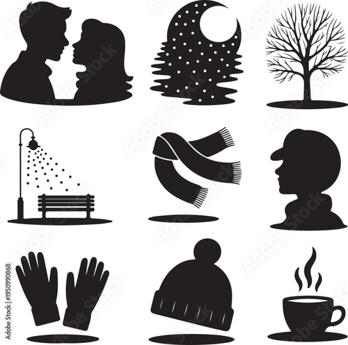 black silhouettes of winter objects and people on white background