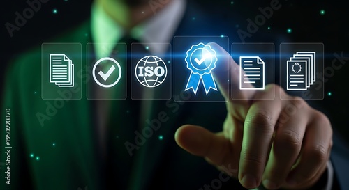 Businessman touches screen displaying ISO certification and quality assurance icons.