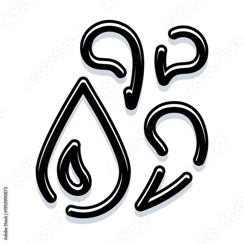 Black and white water drop icon and multiple associated liquid forms creating a stylized visual representation of a natural element and its movements on a white background