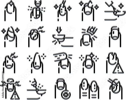 Collection of stylized line icons depicting various aspects of nail care, beauty treatments, cosmetic procedures, and common nail problems, illustrating health and cosmetic solutions