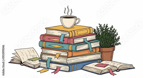 Stack of colorful books with steaming cup and potted plant on white background symbolizing study and relaxation