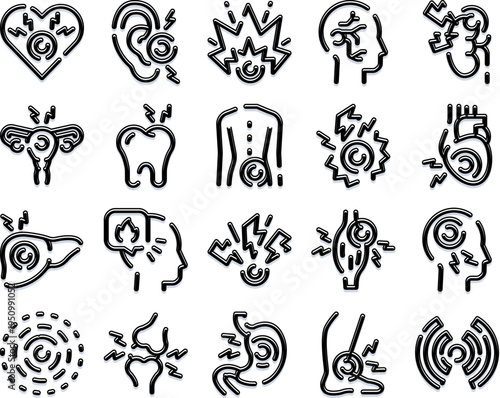 Collection of medical icons illustrating various body parts experiencing pain, discomfort, and symptoms of illness, representing health concerns and physical ailments