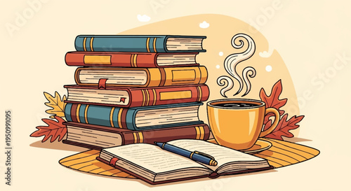 Cozy study setup with stack of colorful books steaming cup of coffee and notebook on wooden table with autumn leaves